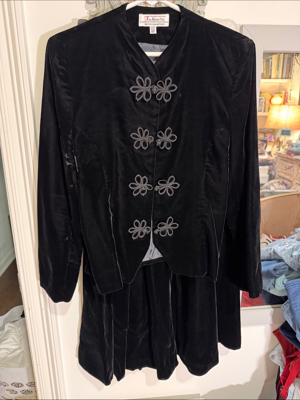 Talbots Black Velvet Jacket and Skirt Set with Decorative Frog Closures